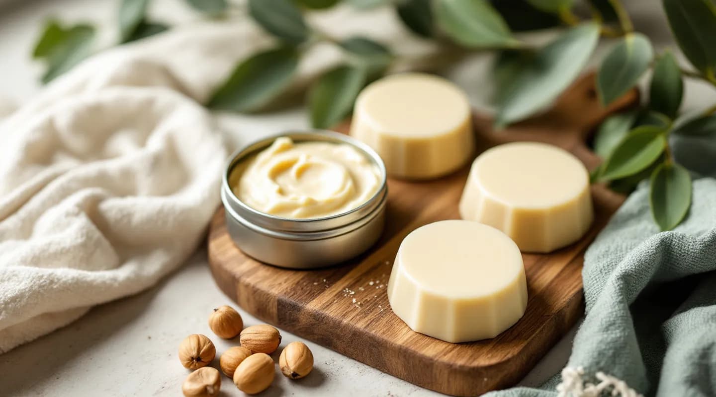 Runde, cremefarbene feste Körperbutter-Stücke in einer kleinen Metalldose und auf Holz, daneben Sheanüsse und ein Leinenhandtuch