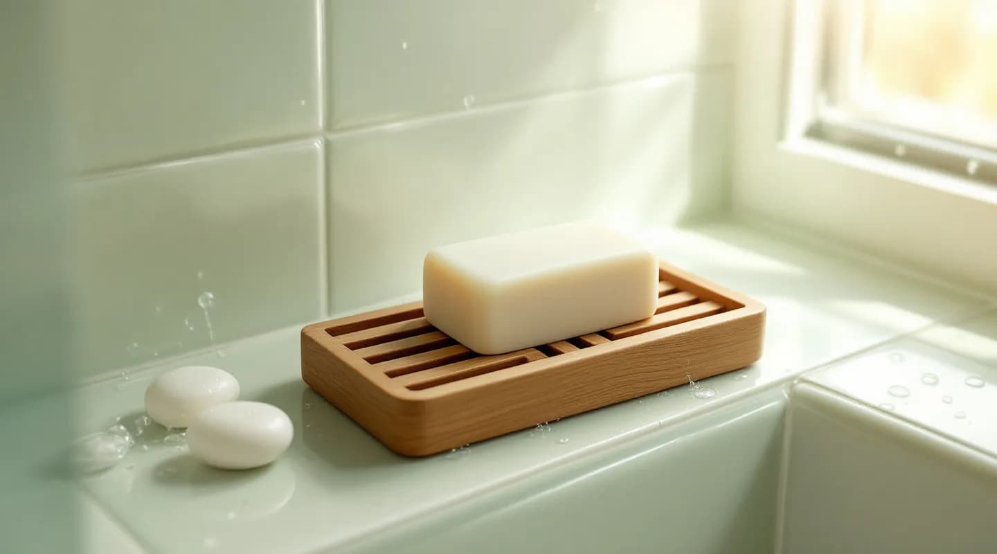 Helles Seifenstück auf einer Holz-Seifenablage in einer hell gefliesten Dusche, auf der Oberfläche Wassertropfen