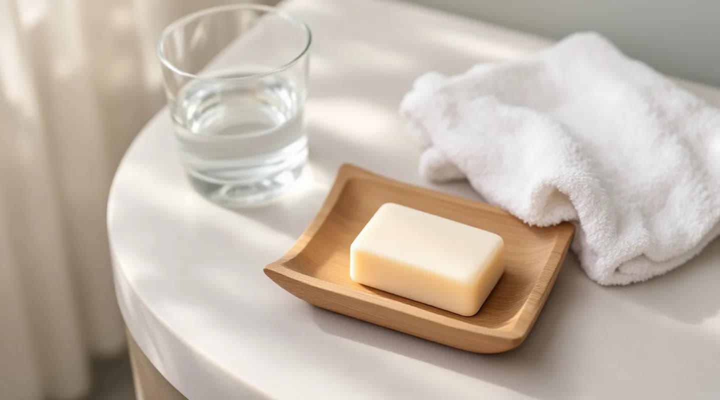 Rechteckiges, helles Seifenstück auf einer kleinen Holzschale neben einem weißen Waschlappen und einem Wasserglas auf einem hellen Waschtisch