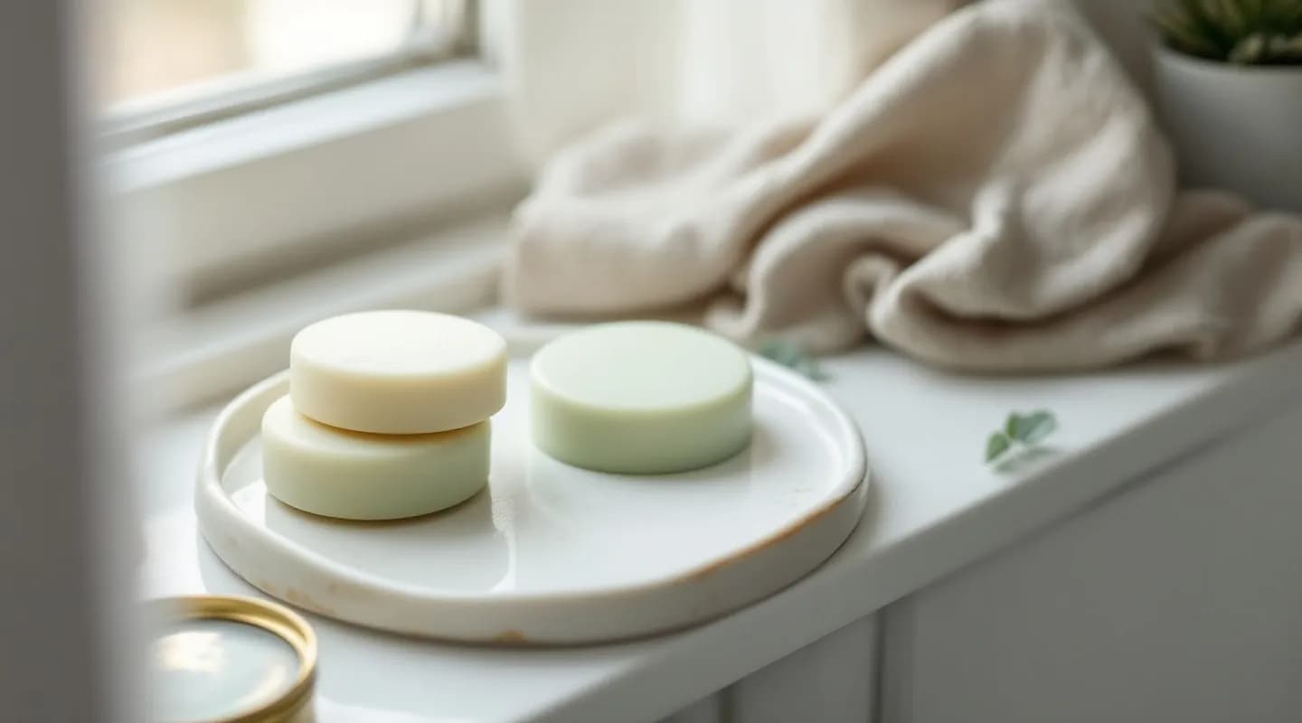 Mehrere runde feste Shampoo-Stücke in Pastelltönen auf einer Keramikablage, daneben eine Metall-Reisedose