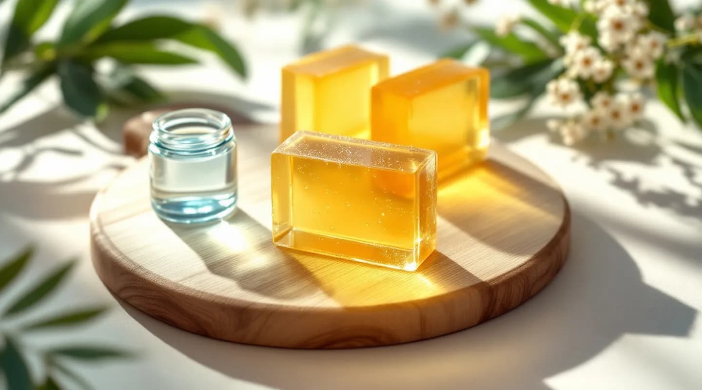 Drei durchscheinende bernsteinfarbene Seifenstücke auf einem runden Holzbrett neben einem kleinen Glasgefäß mit klarer Flüssigkeit, im Hintergrund helle Blüten und Blätter