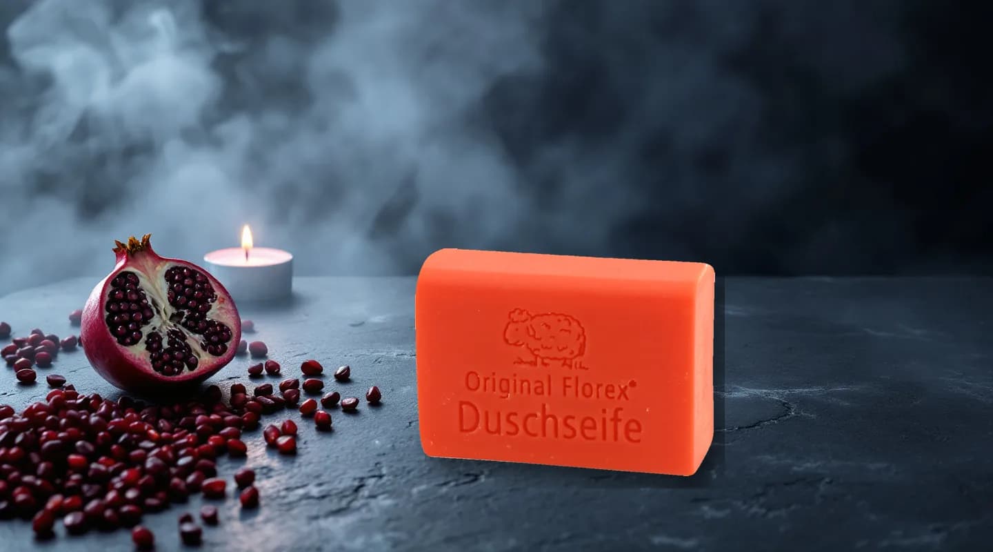 Rote Duschseife mit Schafmilch und Granatapfel von Florex mit Schaf-Prägung auf grauem Schiefer, daneben ein halbierter Granatapfel mit Kernen, eine brennende Kerze und Nebel