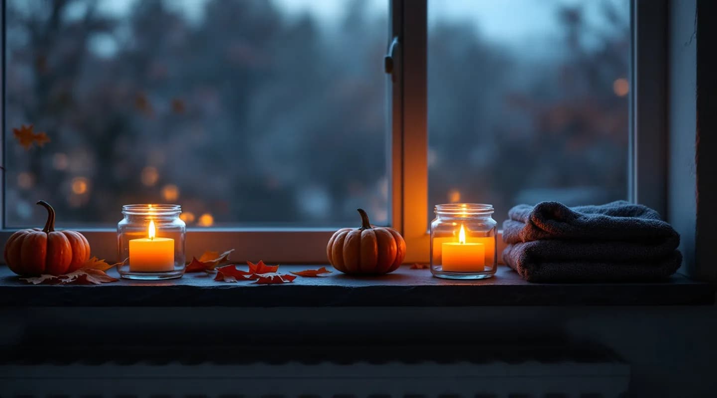 Fensterbank im Badezimmer in der Dämmerung mit kleinen orangen Kürbissen, brennenden Teelichtern in Gläsern, Herbstlaub und einem gefalteten dunklen Handtuch