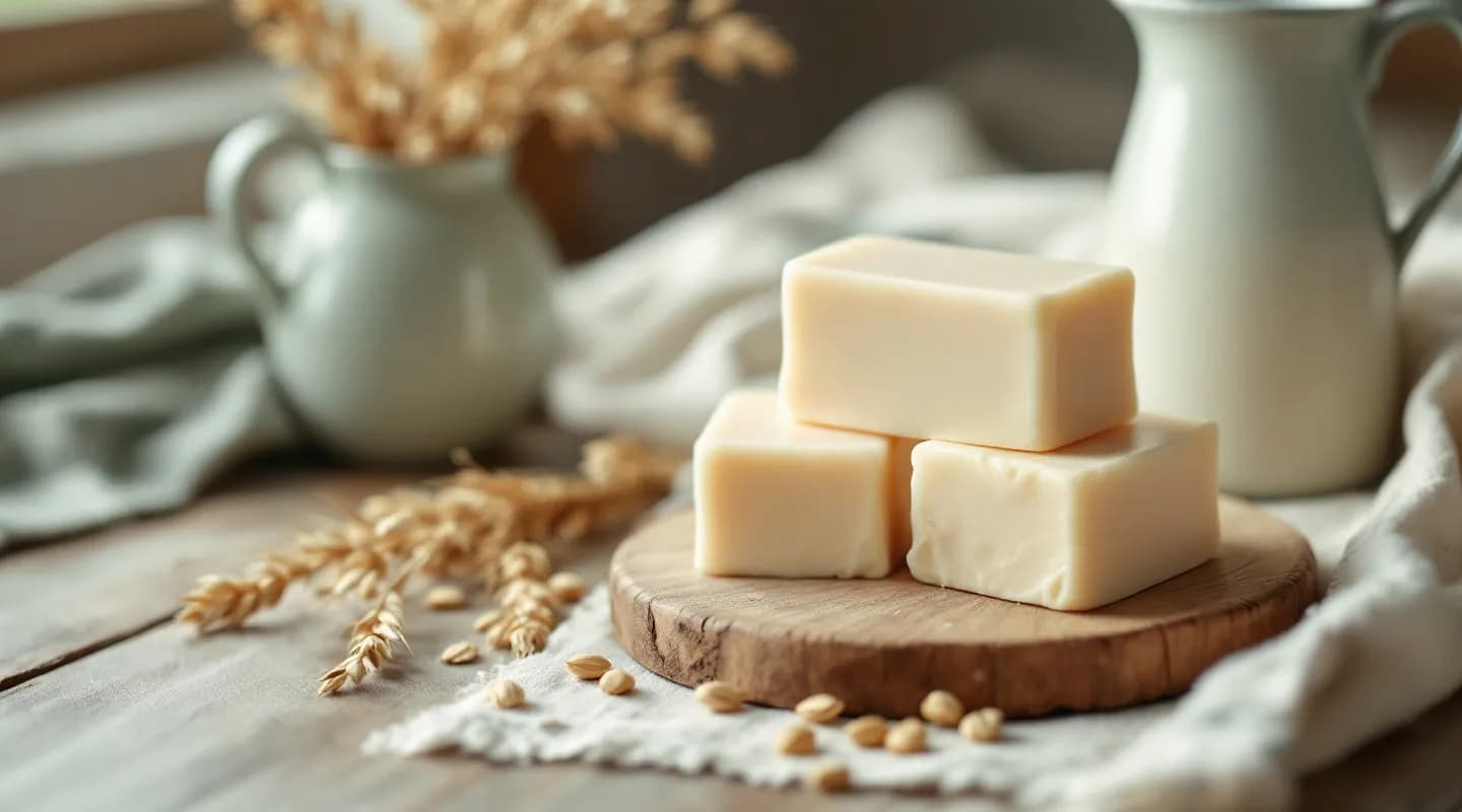 Cremeweiße Seifenstücke auf einem Holztisch, daneben ein Keramikkrug mit Milch und ein paar Haferhalme