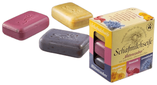 Schafmilchseife „Blütenzauber“ – 3er Set: Ringelblume, Rose, Lavendel – Saling je 100 g