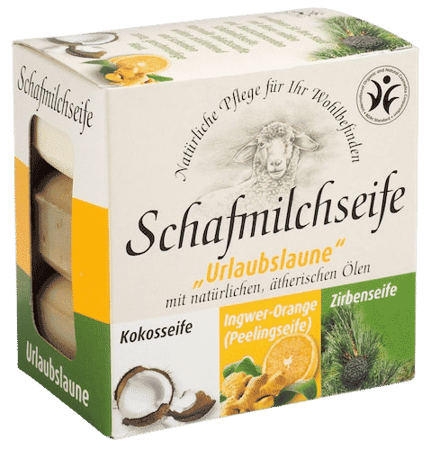 Schafmilchseife „Urlaubslaune“ – 3er Set: Kokos, Zirbe, Ingwer-Orange – Saling je 100 g