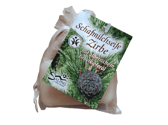 Schafmilchseife Zirbe im Organzasäckchen – Saling 100 g